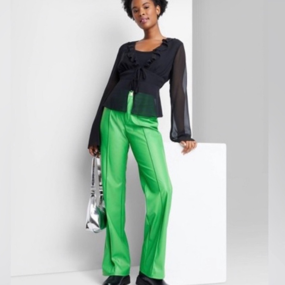 High Rise Faux Leather Flare Pants Green